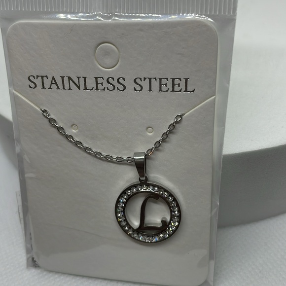 L Initial Rhinestone Silver Stainless Steel Necklace - Picture 6 of 6